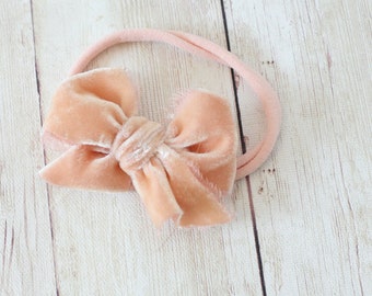 Apricot peach velvet bow newborn headband tieback halo