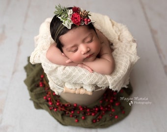 Mary christmas red ivory pine pinecone newborn tieback flower crown headband bow