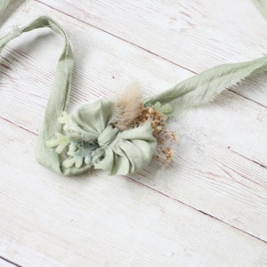 Phoebe neutral boho sage dried flower newborn silk bow tieback headband