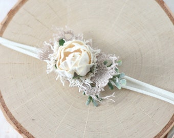 Serena ivory cream mini vintage flower crown newborn headband halo photography prop session