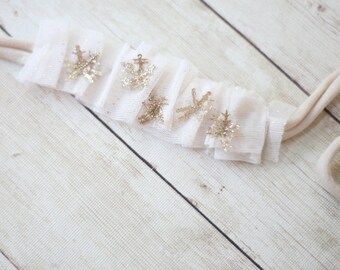 Tulle snowflake cream ivory gold newborn flower crown tieback headband photography prop