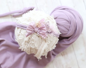 Presley lavender simple silk bow newborn tieback stretch wrap posing set