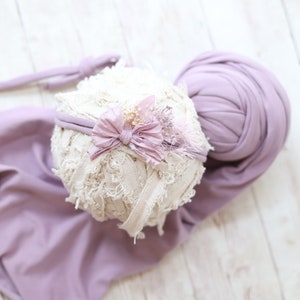 Presley lavender simple silk bow newborn tieback stretch wrap posing set