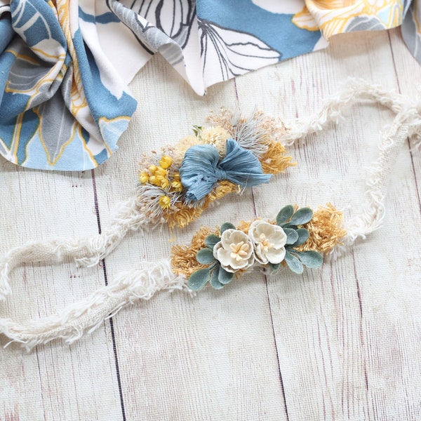 Henley dusty blue mustard yellow newborn tieback headband bow