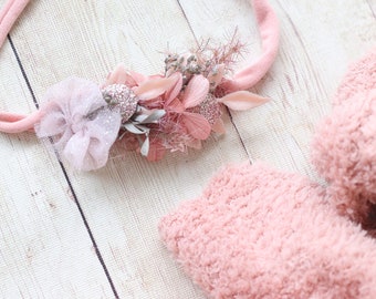 Gracie  blush pink grey boho dried pampas tieback newborn flower crown floral wreath