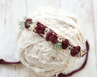 burgundy maroon newborn rosette tieback headband