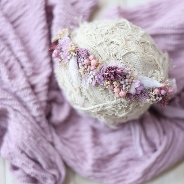 Lila SET lavender lilac babys breath organic newborn flower crown headband halo photography prop and stretch wrap