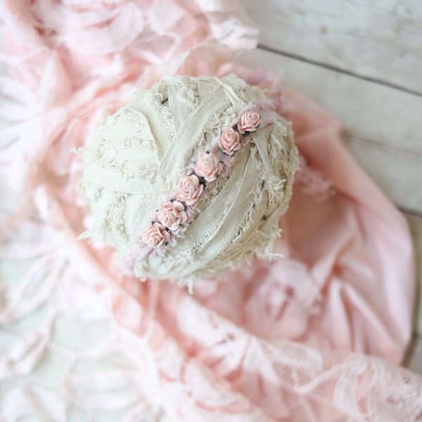 blush pink peach vintage flower crown newborn tieback headband halo photography prop and pink stretch wrap lace layer posing fabric