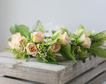 ready to ship greenery with small peach buds spring headband halo flower crown child adult boho
