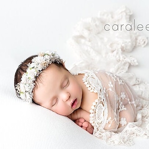 Gwenyth SET cream ivory white pearl berries newborn flower crown tieback headband and lace stretch wrap