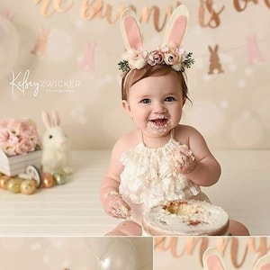 Tatum blush pink lamb's ear newborn infant bunny rabbit ears pastel greenery flower crown floral headband easter spring prop
