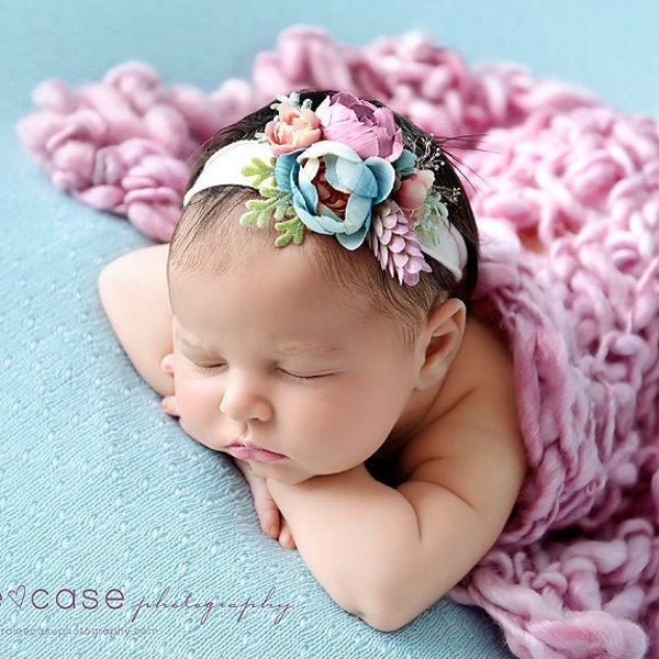 Bougie Blues mauve succulent blush pink boho dainty delicate newborn organic jersey knit headband flower crown halo