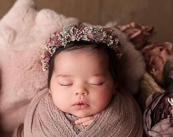 Hattie lavender sage spring babies breath pampas grass newborn flower crown tieback headband