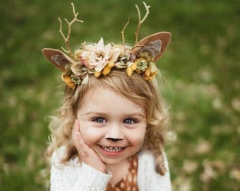 Ships for Halloween - Fawna --fall colors mustard tan deer fawn headband newborn infant toddler prop halloween costume