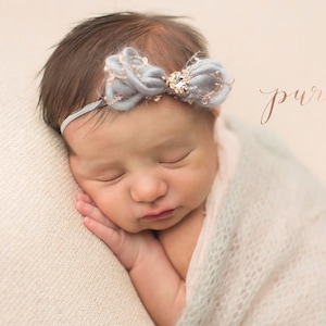 Walk in the Clouds - dainty silver and gold yarn bow with rhinestone center