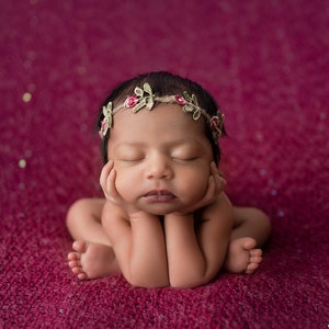 Judith- dark rose pink jute twine embroidered flower newborn tieback headband