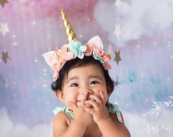 Tristan - newborn infant unicorn horn pastel rainbow flower crown floral headband prop