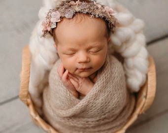 newborn headband tieback flower crown baby flower crown Skinny Nylon Headband baby photo prop ecru blush pink Baby flower headband
