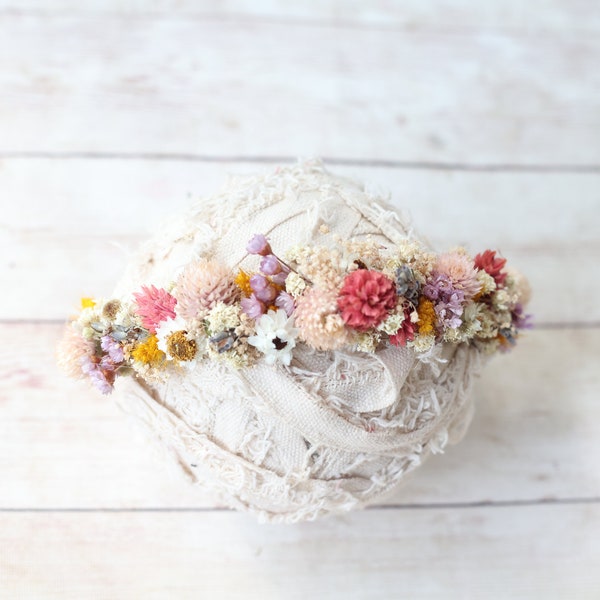 Elodie spring newborn flower crown lavender coral peach mustard tieback dried floral wreath stretch wrap posing