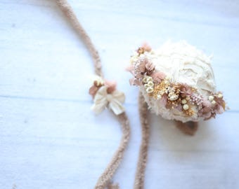 Sawyer cream taupe tan ivory newborn flower crown tieback headband ans sweater knit stretch wrap