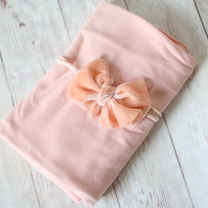 SET ~ Apricot peach velvet bow newborn headband tieback halo and stretch wrap