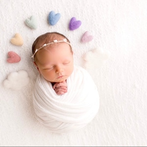 pastel rainbow felted wool hearts newborn photography prop WITH clouds