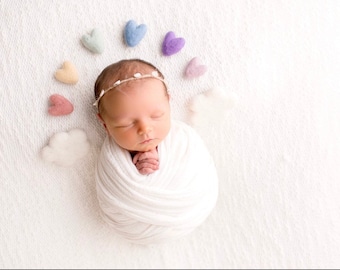 pastel rainbow felted wool hearts newborn photography prop WITH clouds