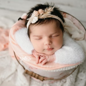 Betsie bow: cream ivory neutral dried newborn flower crown headband tieback halo and textured sweater stretch wrap