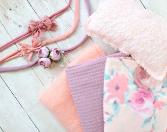 ready to ship SET peach pink mauve newborn wrap lace pillow flower crown and bow tieback