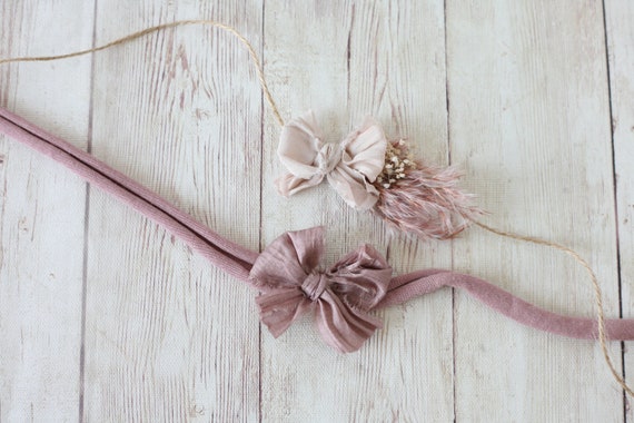 Stevie SET boho pampas grass simple chiffon mauve dusty pink rose newborn tieback  jersey baby headband