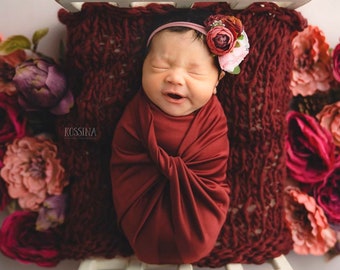 valentina blush pink maroon burgundy flower rosette newborn flower crown dainty headband tieback