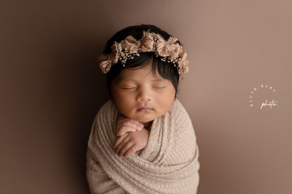 Truffle greige taupe grey tan simple silk bow newborn headband halo photography prop