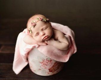 Gretchen rose blush pink silk rosette leaves newborn dainty headband halo newborn photography prop