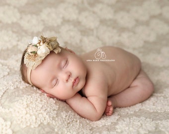 Dreamscape white gold ivory cream mini peony vintage flower crown newborn headband halo photography prop session