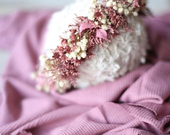 Ione SET dusty vintage mauve purple newborn flower crown bow headband halo photography prop and layer wrap