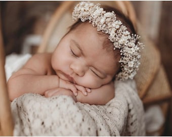 Dia  mini flower babys breath neutral ivory organic dried newborn flower crown tieback halo