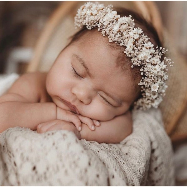 Dia  mini flower babys breath neutral ivory organic dried newborn flower crown tieback halo