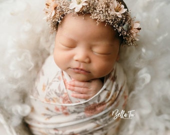 Adaire fall floral taupe coral rust floral stretch newborn knit wrap and newborn tieback chiffon bow