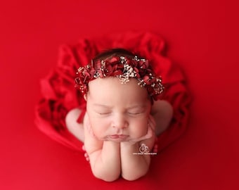 Vienna valentines dark red dried florals moss organic newborn flower crown headband halo and jersey stretch wrap