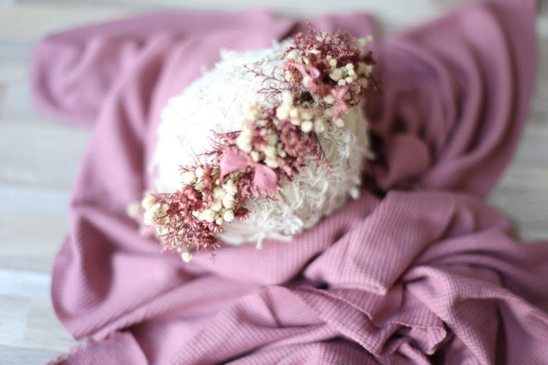 Ione SET dusty vintage mauve purple newborn flower crown tieback and stretch wrap halo photography prop image 7