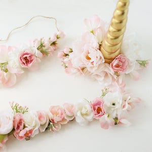 Celestia blush pink gold unicorn horn flower crown bridle halter flowers photography prop costume