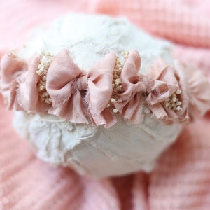 Marlowe simple lace and silk bow newborn headband tieback  halo photography prop waffle knit stretch wrap