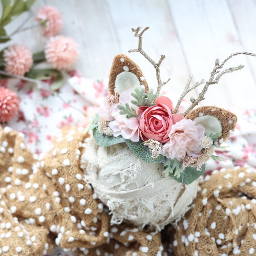 Couronne de fleurs de cerf faon nouveau-né rose mauve blush mauve couronne de fleurs bandeau accessoire de bandeau floral