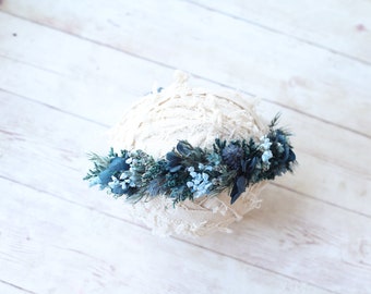 Mistie newborn dried flower crown in shades of blue floral stretch wrap posing fabric