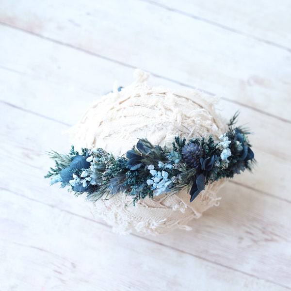 Mistie newborn dried flower crown in shades of blue floral stretch wrap posing fabric