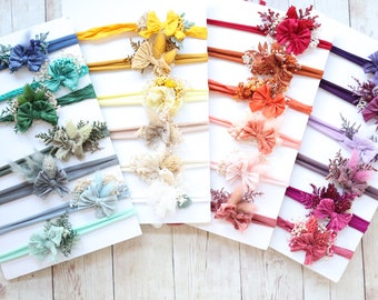 studio set silk bow newborn tieback dried flower crown set or individual color headband