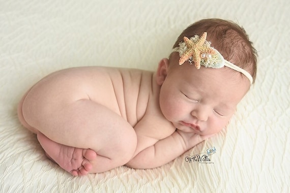 Isla starfish pearl neutral delicate newborn tieback headband pearl wrap