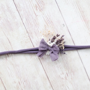 denise dusty plum lilac lavender boho simple silk bow newborn tieback headband