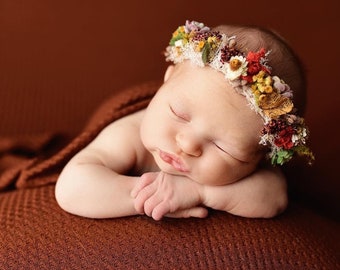 Beverly pumpkin mustard burnt orange succulent boho dried floral newborn flower crown tieback
