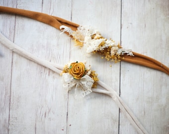 ready to ship SET: mustard yellow fall newborn flower crown  headband halo tieback